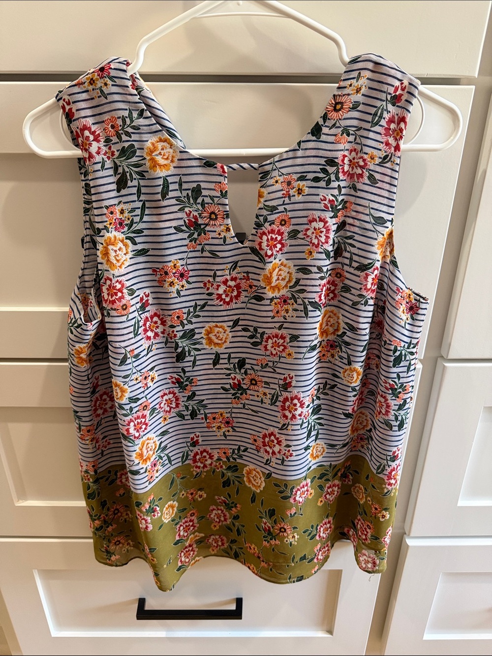 CAbi Floral Stripe Tank Top in Blue, Green and Yellow
